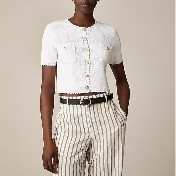 NWT J.Crew Cropped Short-Sleeve Sweater Lady Jacket Gold Buttons White Size XL - Picture 1 of 11